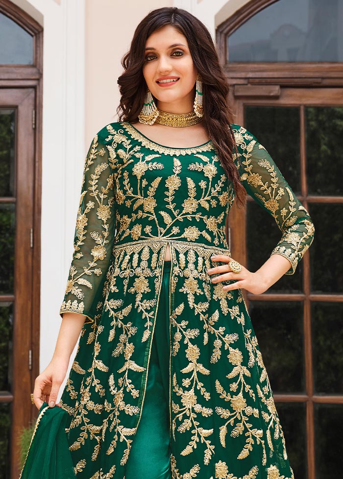 3 Pc Green Semi Stitched Net Suit Set