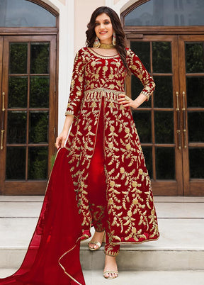 3 Pc Red Semi Stitched Net Suit Set