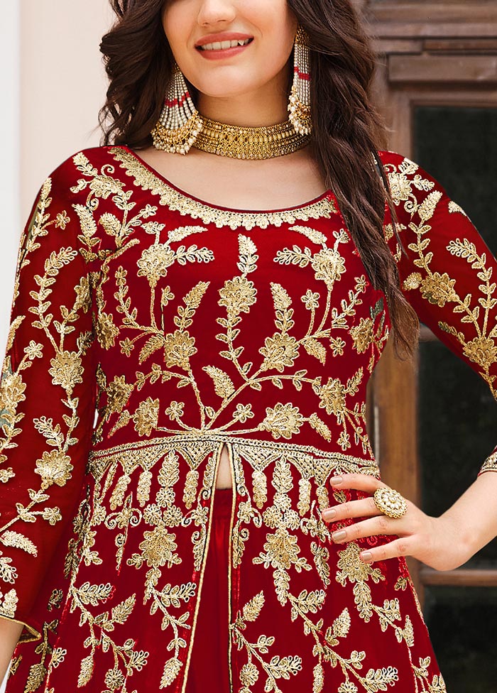 3 Pc Red Semi Stitched Net Suit Set