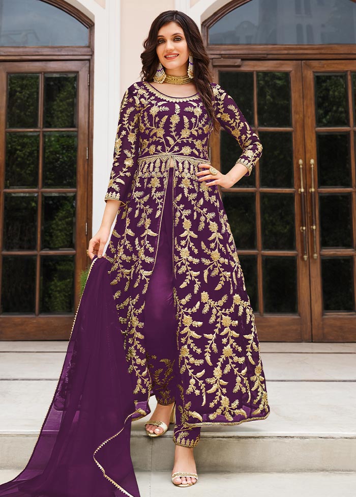 3 Pc Purple Semi Stitched Net Suit Set