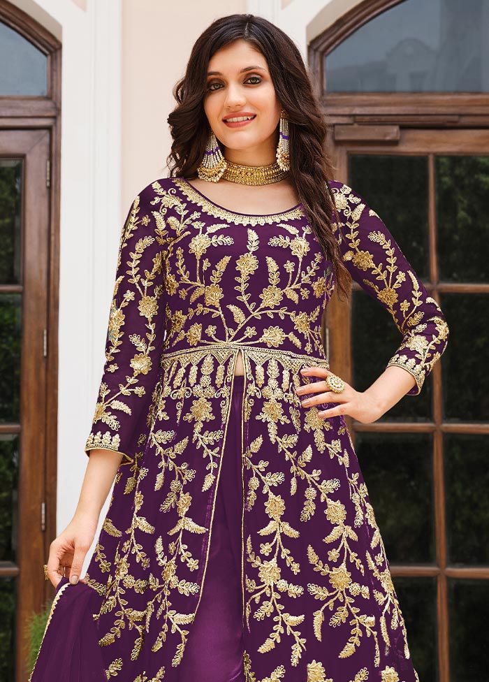 3 Pc Purple Semi Stitched Net Suit Set