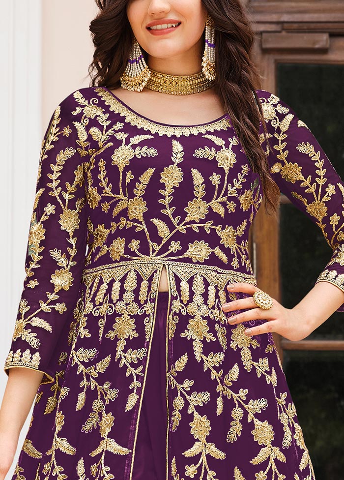 3 Pc Purple Semi Stitched Net Suit Set