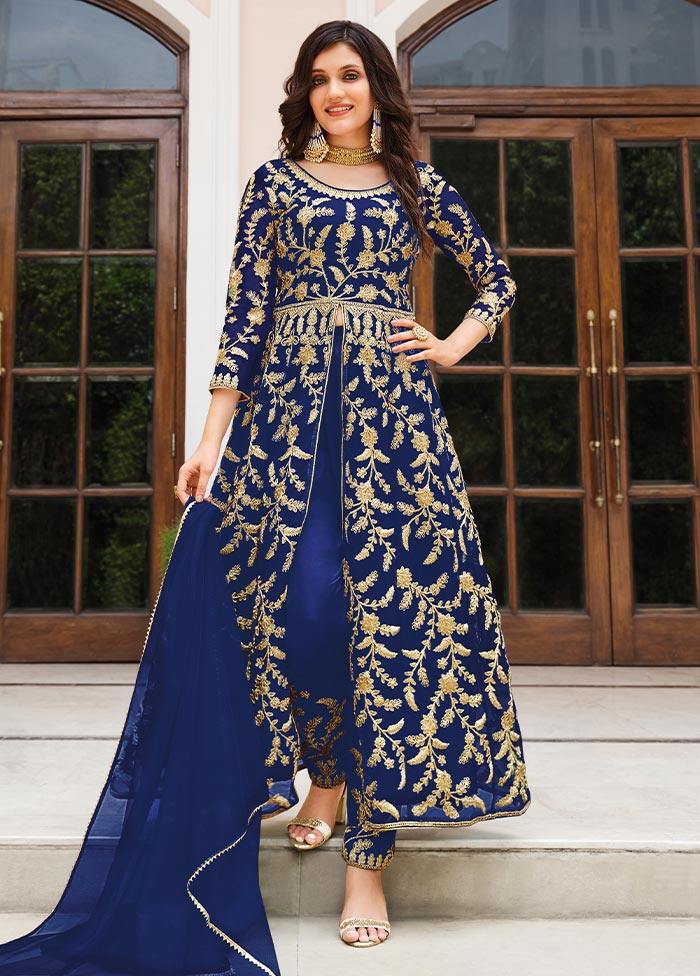 3 Pc Royal Blue Semi Stitched Net Suit Set