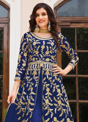 3 Pc Royal Blue Semi Stitched Net Suit Set