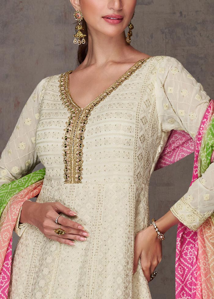 3 Pc Cream Semi Stitched Georgette Suit Set