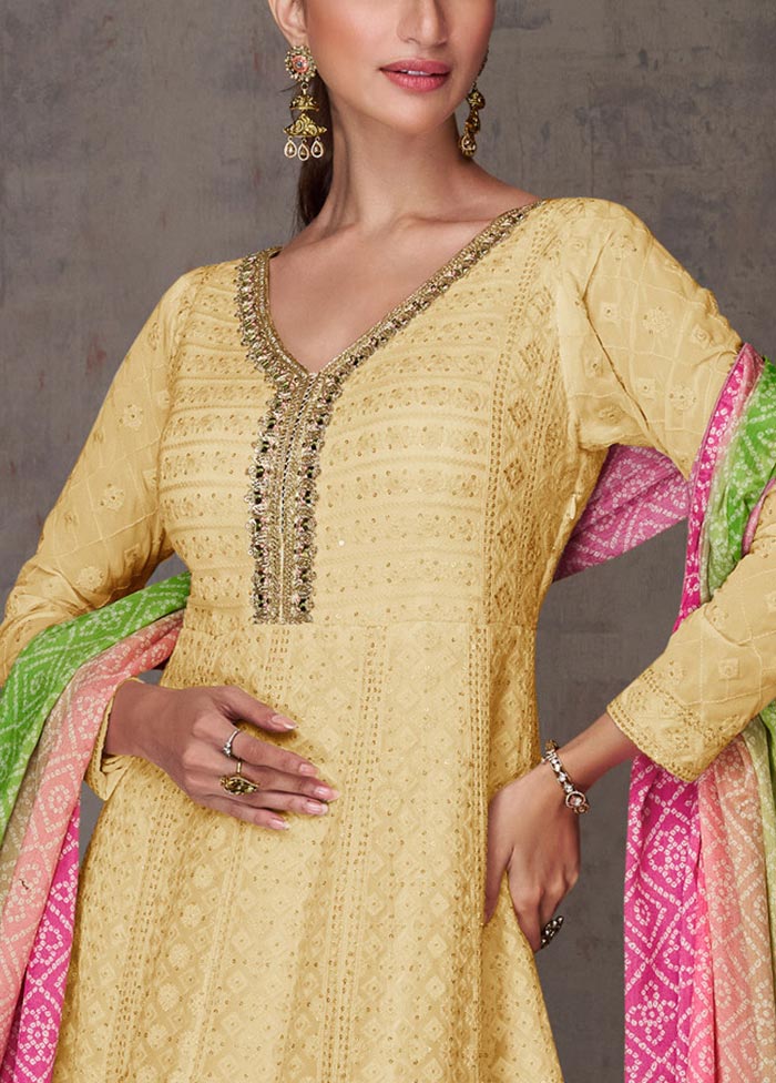 3 Pc Yellow Semi Stitched Georgette Suit Set