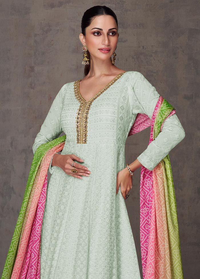 3 Pc Mint Green Semi Stitched Georgette Suit Set