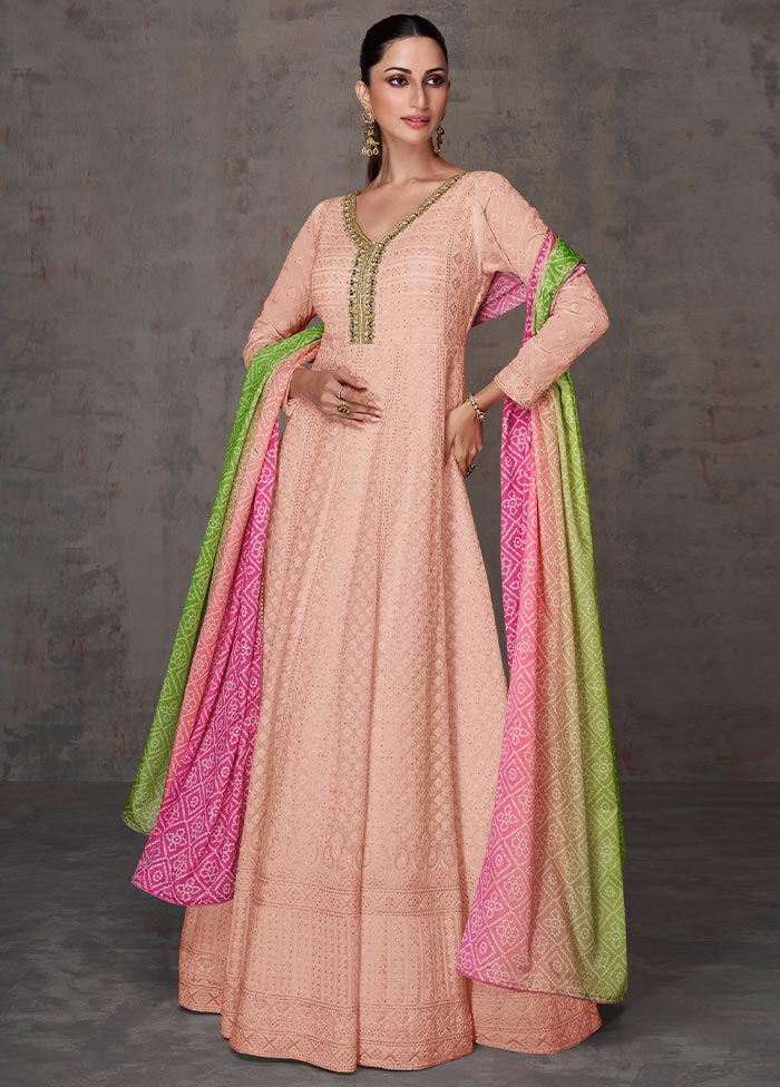 3 Pc Peach Semi Stitched Georgette Suit Set