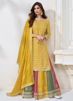 3 Pc Yellow Semi Stitched Silk Suit Set