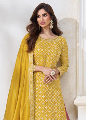 3 Pc Yellow Semi Stitched Silk Suit Set