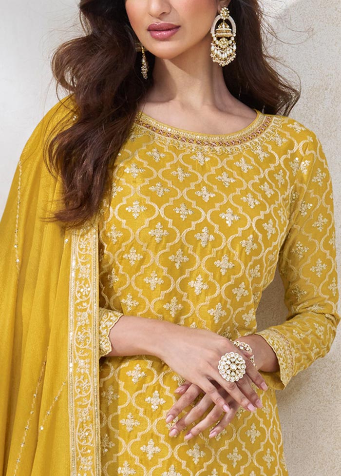 3 Pc Yellow Semi Stitched Silk Suit Set