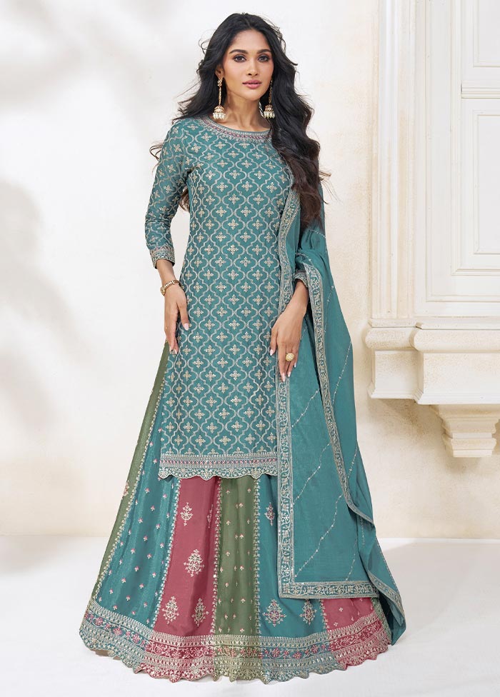 3 Pc Blue Semi Stitched Silk Suit Set