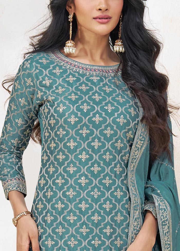 3 Pc Blue Semi Stitched Silk Suit Set