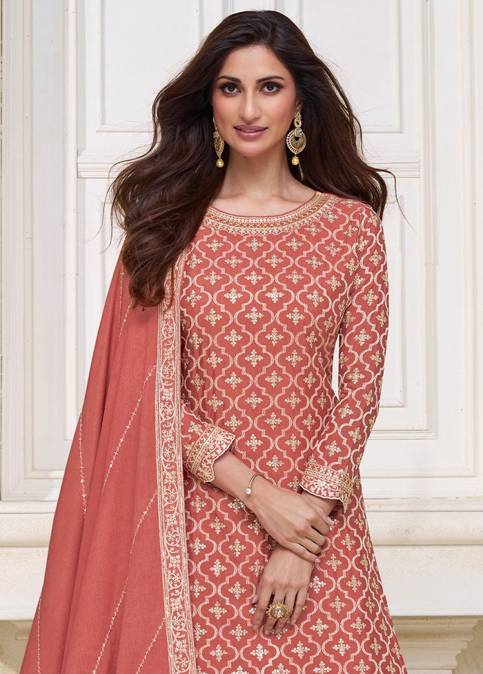 3 Pc Dark Peach Semi Stitched Silk Suit Set