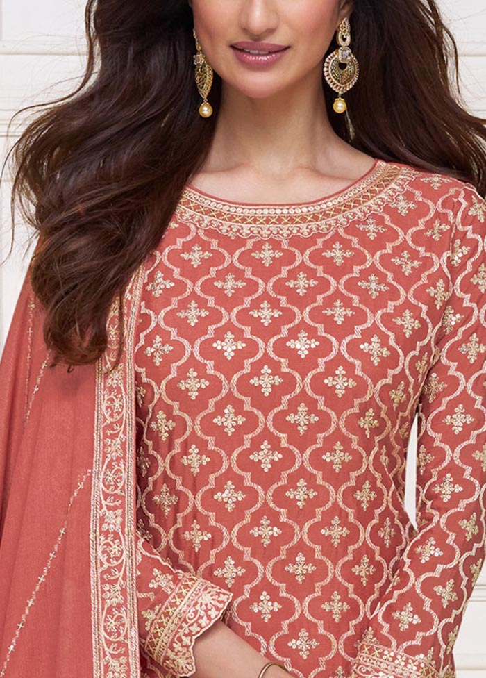 3 Pc Dark Peach Semi Stitched Silk Suit Set