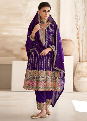 3 Pc Purple Semi Stitched Silk Suit Set