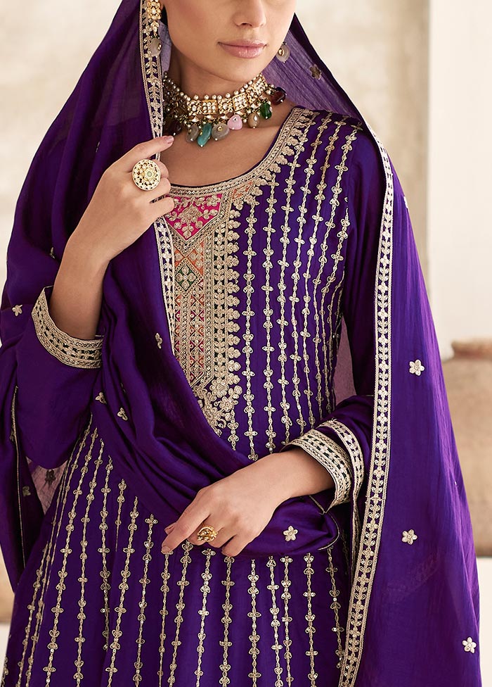 3 Pc Purple Semi Stitched Silk Suit Set