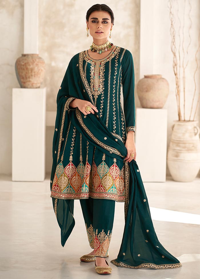 3 Pc Green Semi Stitched Silk Suit Set