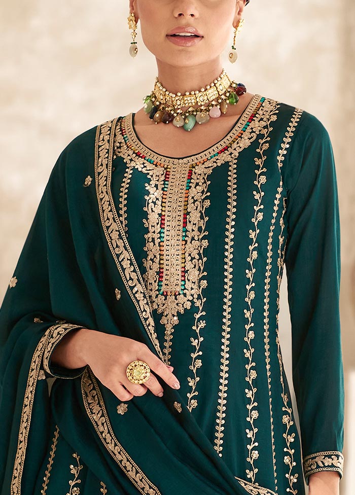 3 Pc Green Semi Stitched Silk Suit Set