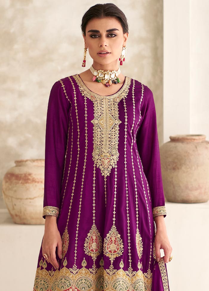 3 Pc Magenta Semi Stitched Silk Suit Set