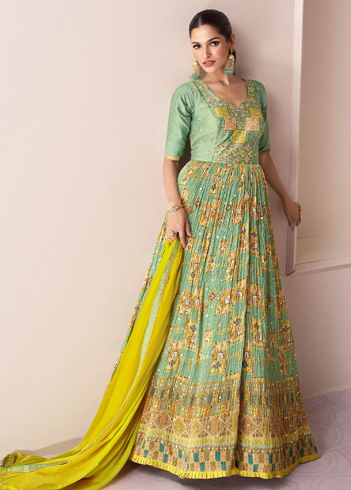 3 Pc Light Green Semi Stitched Georgette Suit Set