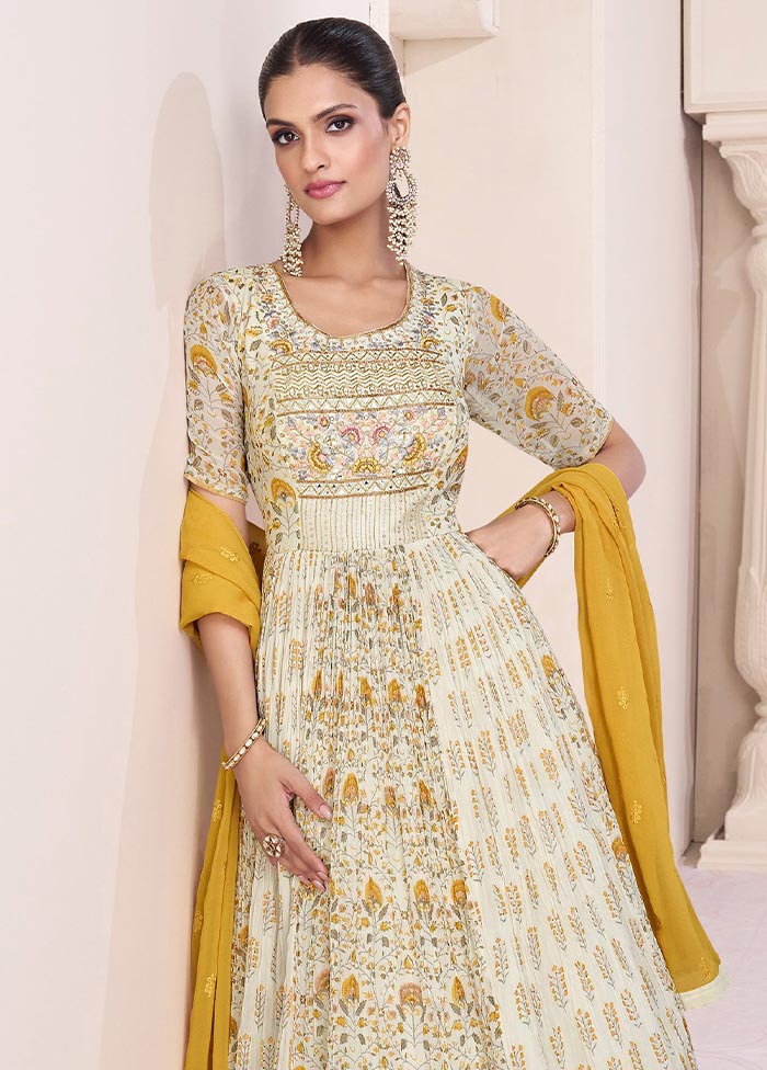 3 Pc Off White Semi Stitched Georgette Suit Set