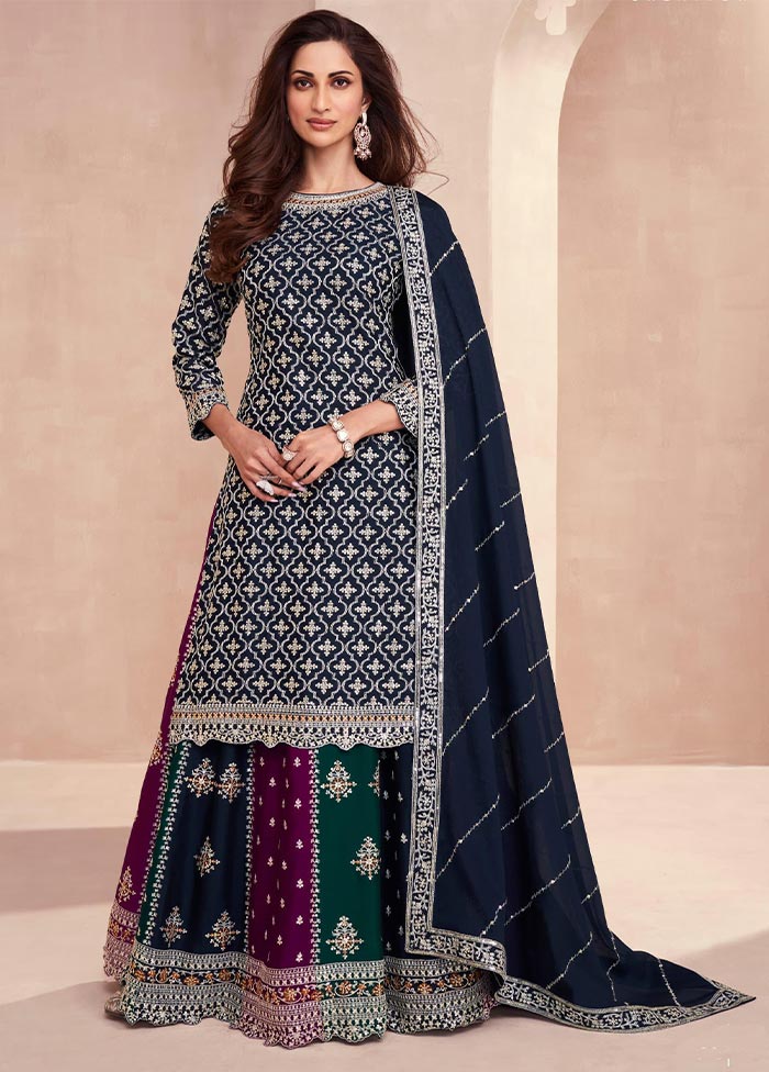 3 Pc Navy Blue Semi Stitched Silk Suit Set