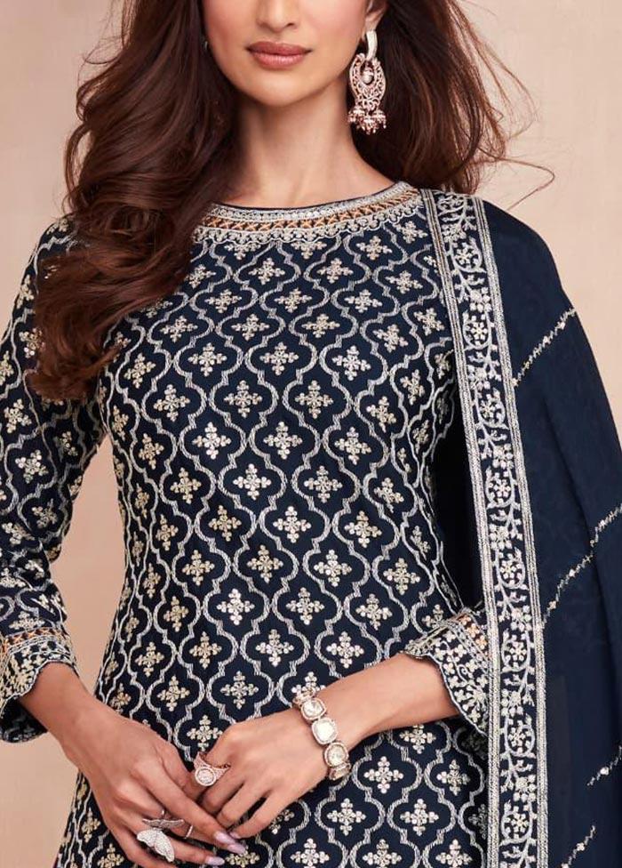 3 Pc Navy Blue Semi Stitched Silk Suit Set