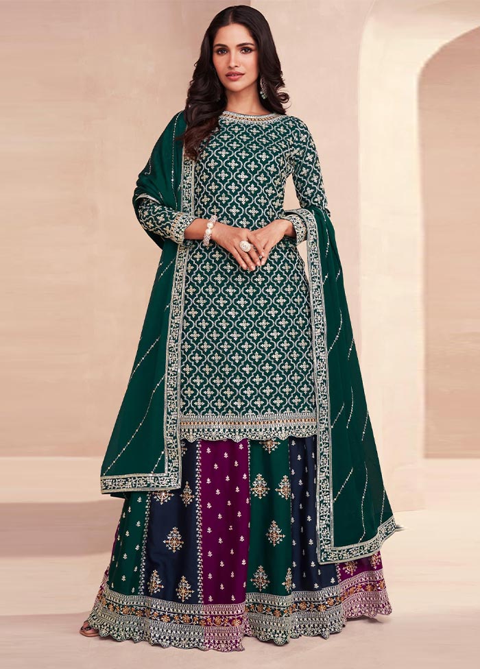 3 Pc Green Semi Stitched Silk Suit Set