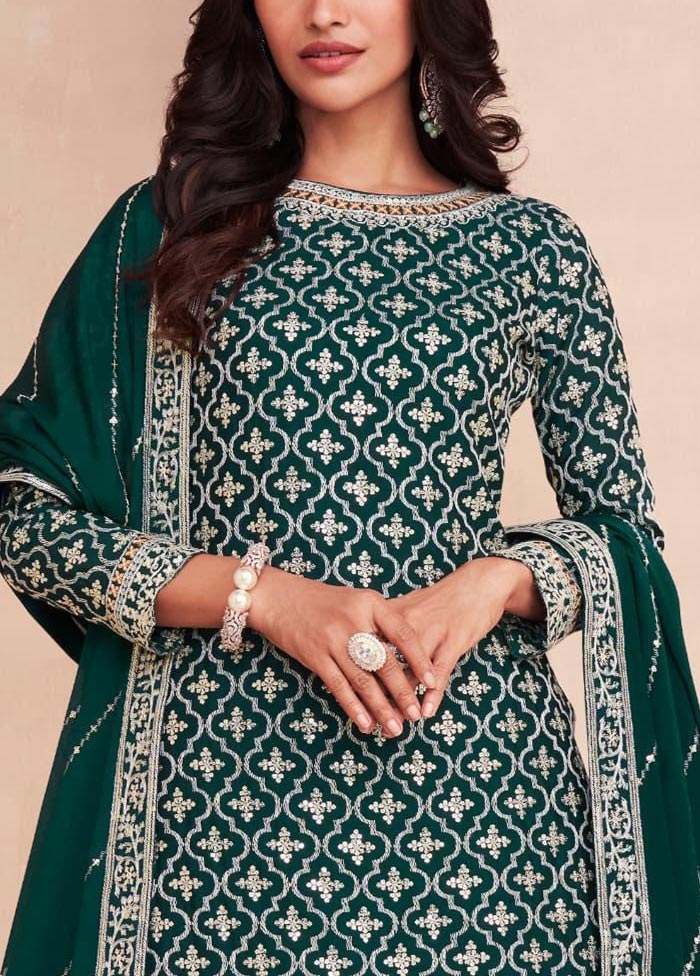 3 Pc Green Semi Stitched Silk Suit Set