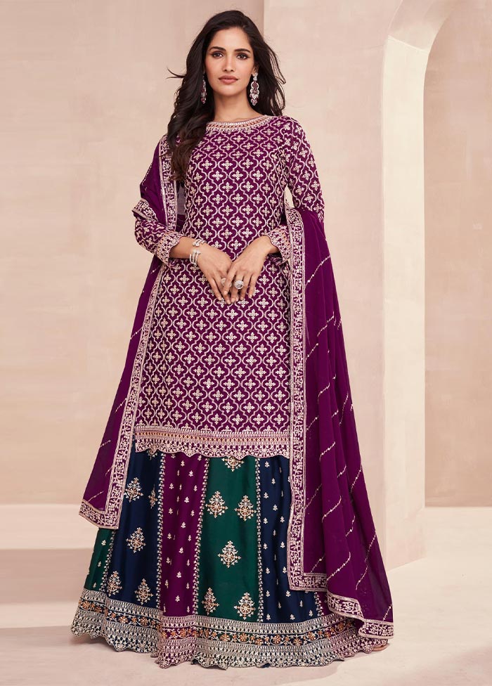 3 Pc Magenta Semi Stitched Silk Suit Set