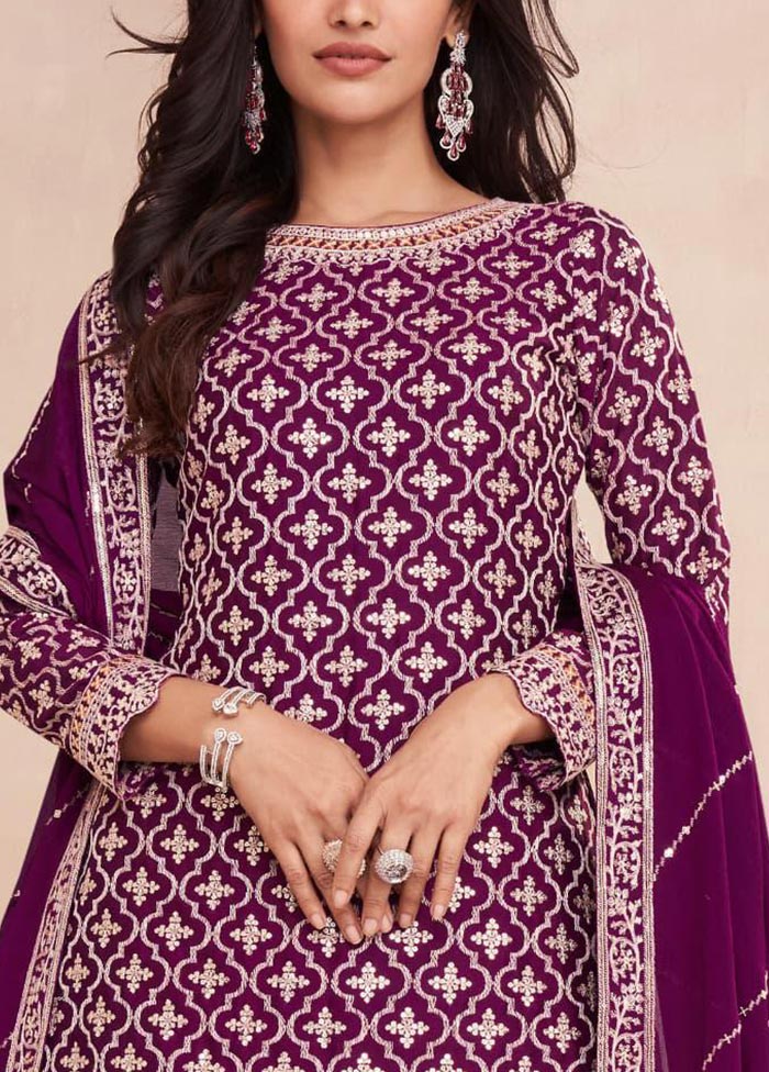 3 Pc Magenta Semi Stitched Silk Suit Set