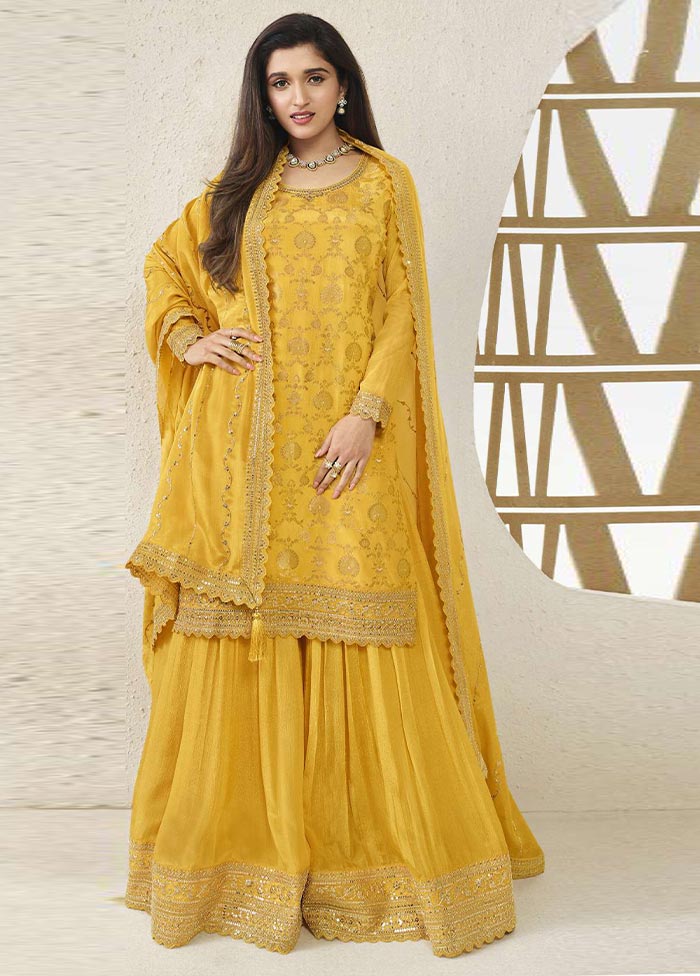 3 Pc Yellow Semi Stitched Viscose Suit Set