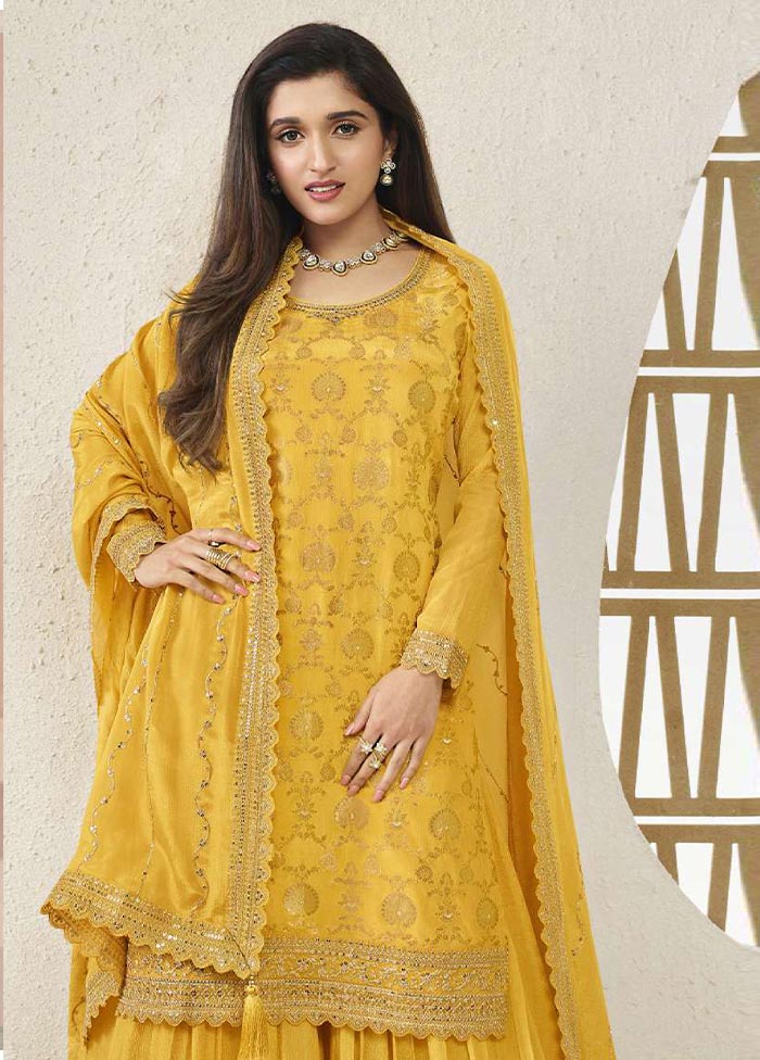 3 Pc Yellow Semi Stitched Viscose Suit Set