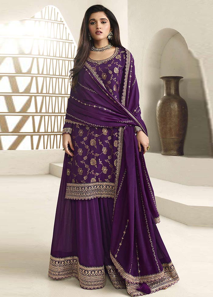 3 Pc Purple Semi Stitched Viscose Suit Set