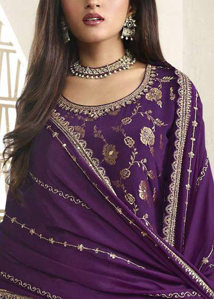 3 Pc Purple Semi Stitched Viscose Suit Set