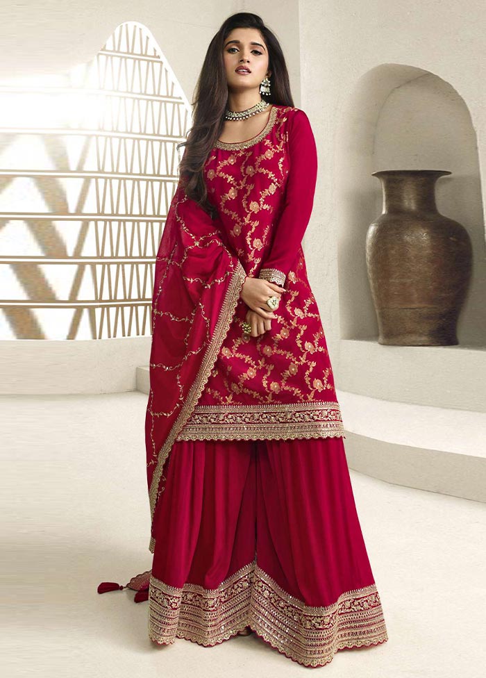 3 Pc Red Semi Stitched Viscose Suit Set