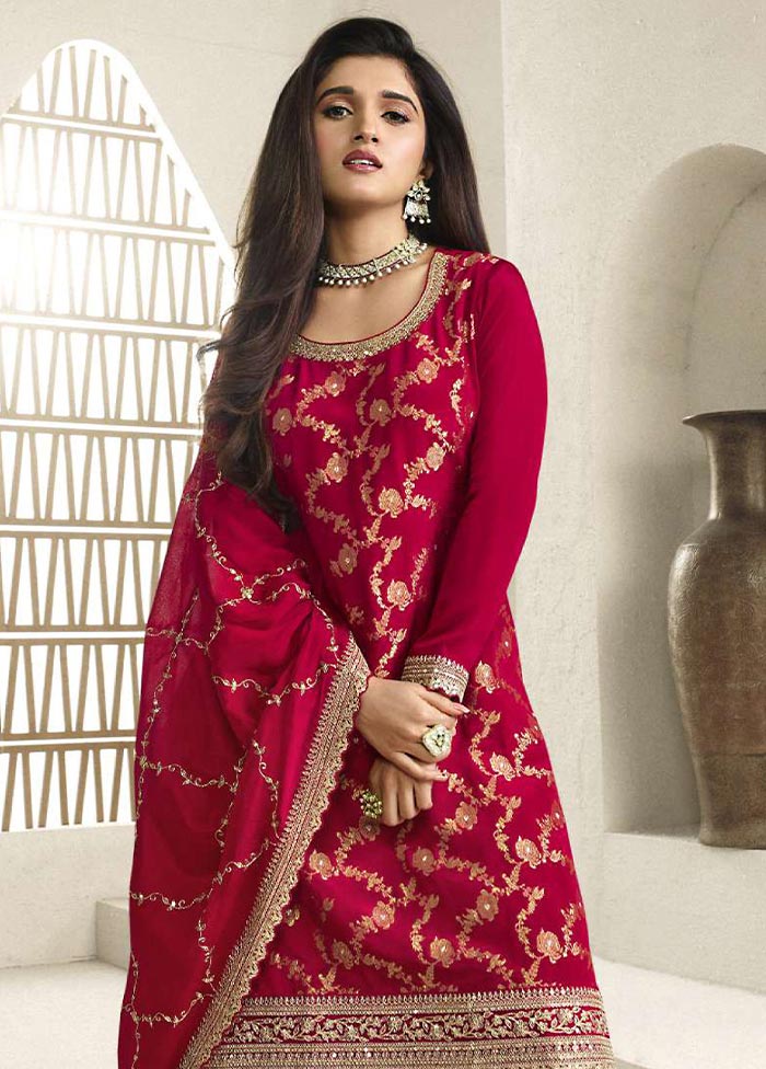 3 Pc Red Semi Stitched Viscose Suit Set