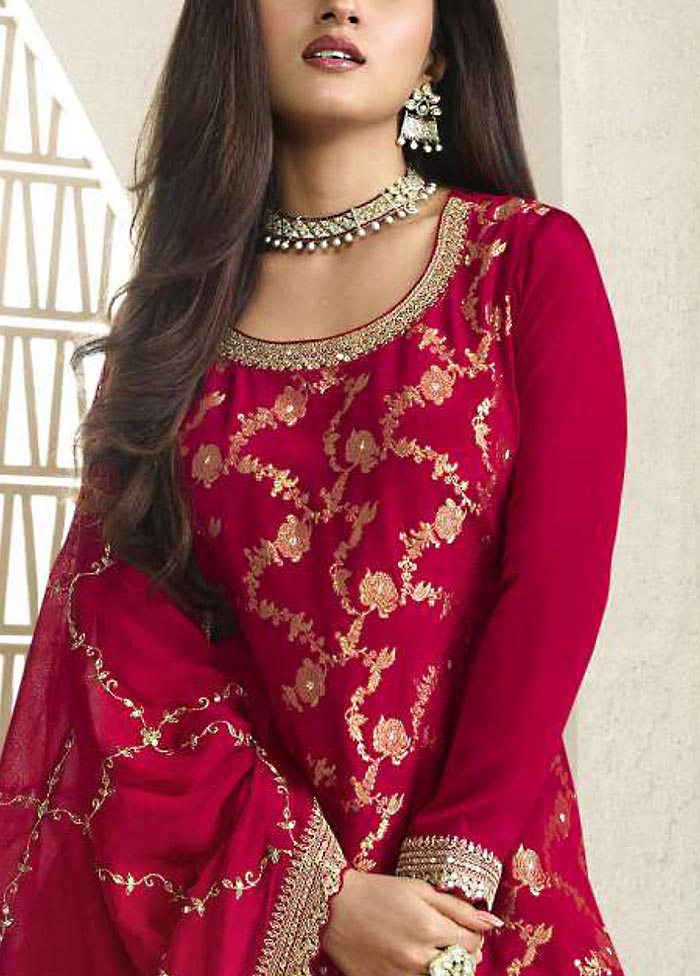 3 Pc Red Semi Stitched Viscose Suit Set