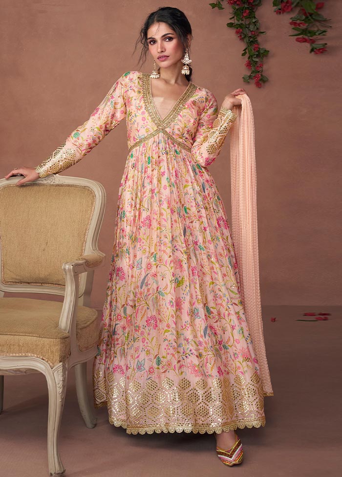 3 Pc Light Peach Semi Stitched Silk Suit Set