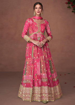 3 Pc Pink Semi Stitched Silk Suit Set