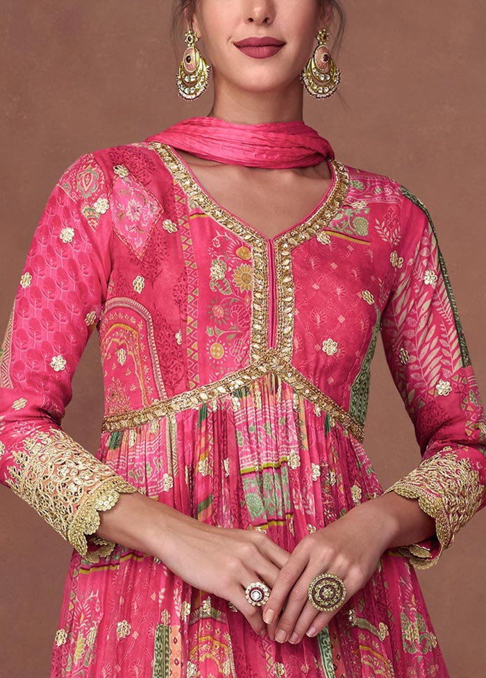 3 Pc Pink Semi Stitched Silk Suit Set