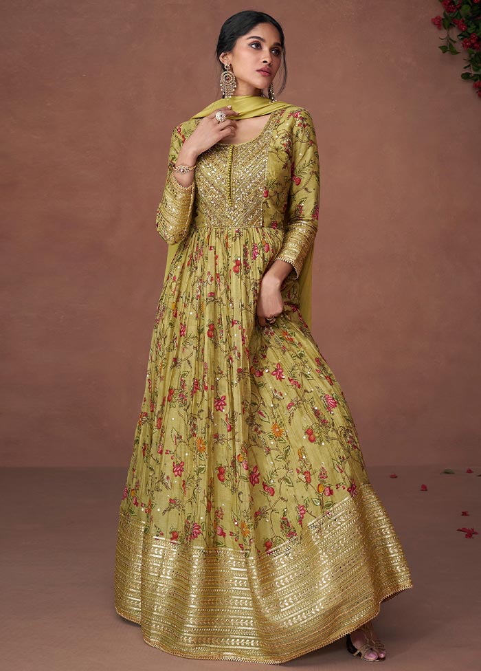 3 Pc Yellow Semi Stitched Silk Suit Set