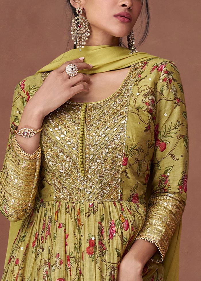 3 Pc Yellow Semi Stitched Silk Suit Set