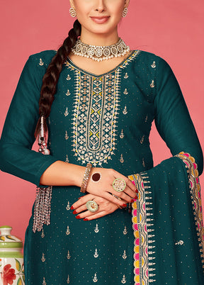 3 Pc Teal Semi Stitched Silk Suit Set