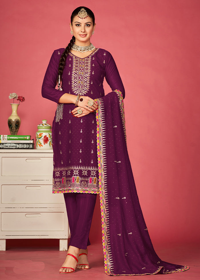 3 Pc Magenta Semi Stitched Silk Suit Set