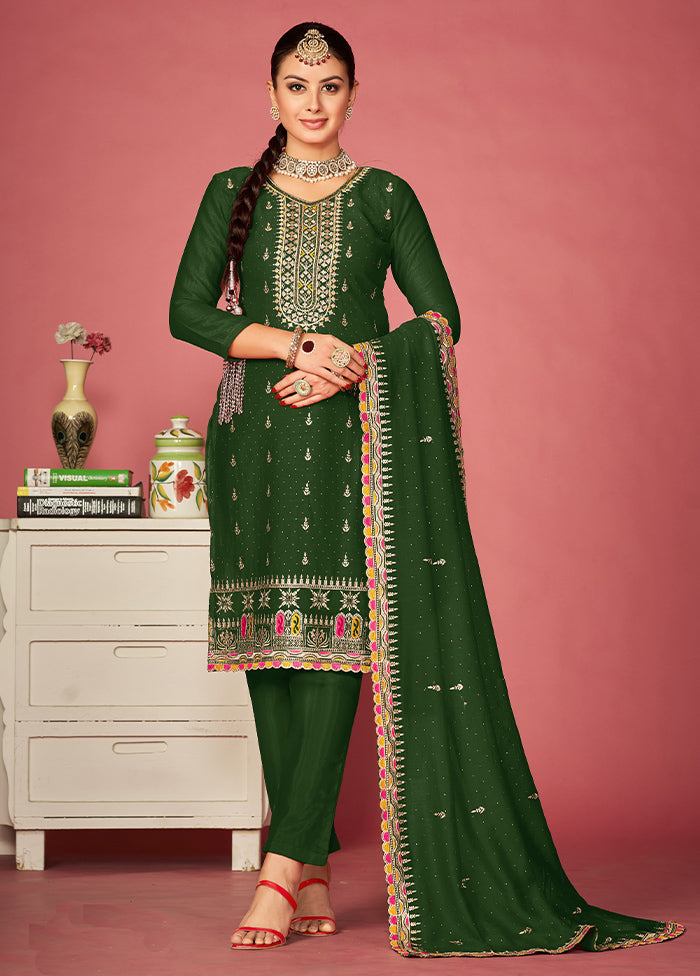 3 Pc Green Semi Stitched Silk Suit Set