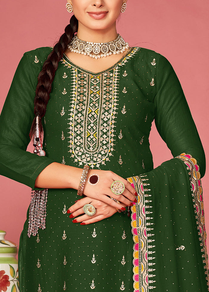 3 Pc Green Semi Stitched Silk Suit Set