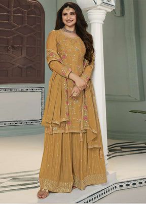 3 Pc Mustard Semi Stitched Viscose Suit Set