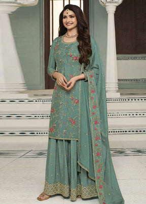 3 Pc Sea Blue Semi Stitched Viscose Suit Set